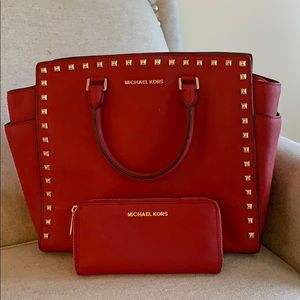Studded Cherry Red Michael Kors Purse & Wallet